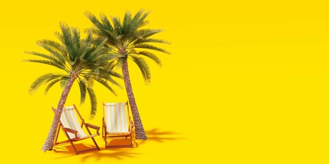 Palm trees and sun loungers standing on a yellow background. 3d rendering