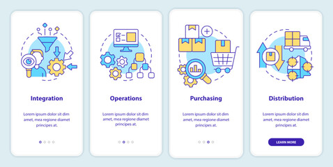 Elements of supply chain management onboarding mobile app screen. Walkthrough 4 steps editable graphic instructions with linear concepts. UI, UX, GUI template. Myriad Pro-Bold, Regular fonts used