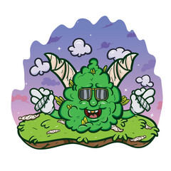 Cartoon Mascot Of Weed Bud With Cigarette on Afternoon Garden.