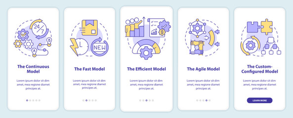 Supply chain models onboarding mobile app screen. Industry walkthrough 5 steps editable graphic instructions with linear concepts. UI, UX, GUI template. Myriad Pro-Bold, Regular fonts used