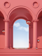 3d premium podium with pink arches,greek doric columns,flying metal spheres and sky.Mock up luxury stage for beauty products presentations,exhibitions.Architectural fantasy.Art concept.