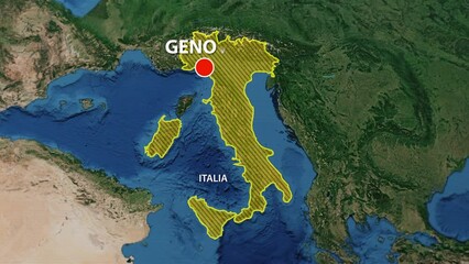 Designation of the borders of Italia on the map and the mark of the location of the city of Genua