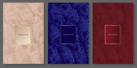 Set of elegant pink, blue and dark red covers. Painted peacock feather pattern. Drawing with brushstroke line. Luxurious flyer, brochure or artistic background.