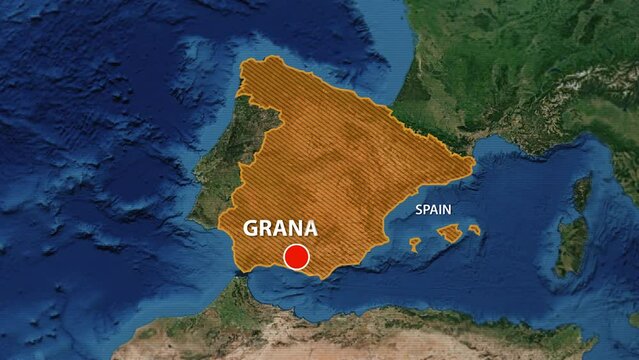 Designation of the borders of Spain on the map and the mark of the location of the city of Granada