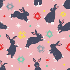 Christmas Cute Rabbits Fantasy Pattern Chinese New Year 2023 Zodiac sign on Children's Seamless Funny Background, Holiday Wallpaper for Babies and little Kids - 519845933