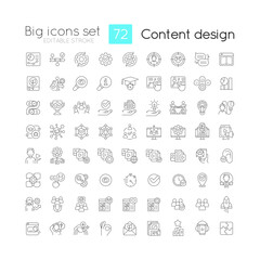 Content design linear icons set. Creating materials for business promotion. Customizable thin line symbols. Isolated vector outline illustrations. Editable stroke. Quicksand-Light font used