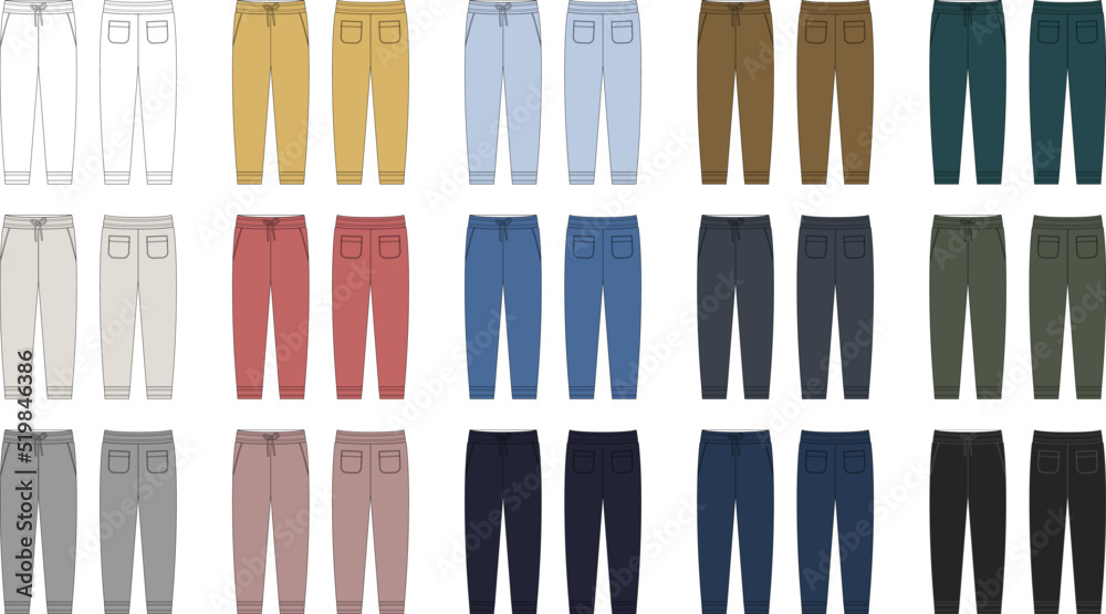 Wall mural Set of technical sketch of casual pants with pockets. KIds trousers design template collection. CAD male sport pants