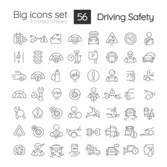 Fototapeta na wymiar Driving safety linear icons set. Road rules and regulation. Accident prevention. Customizable thin line symbols. Isolated vector outline illustrations. Editable stroke. Quicksand-Light font used