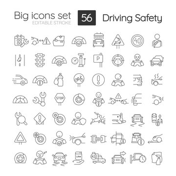 Driving safety linear icons set. Road rules and regulation. Accident prevention. Customizable thin line symbols. Isolated vector outline illustrations. Editable stroke. Quicksand-Light font used