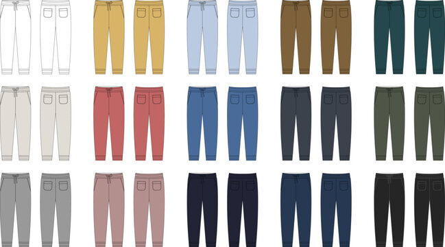 Set of technical sketch of casual pants with pockets. KIds trousers design template collection. CAD male sport pants