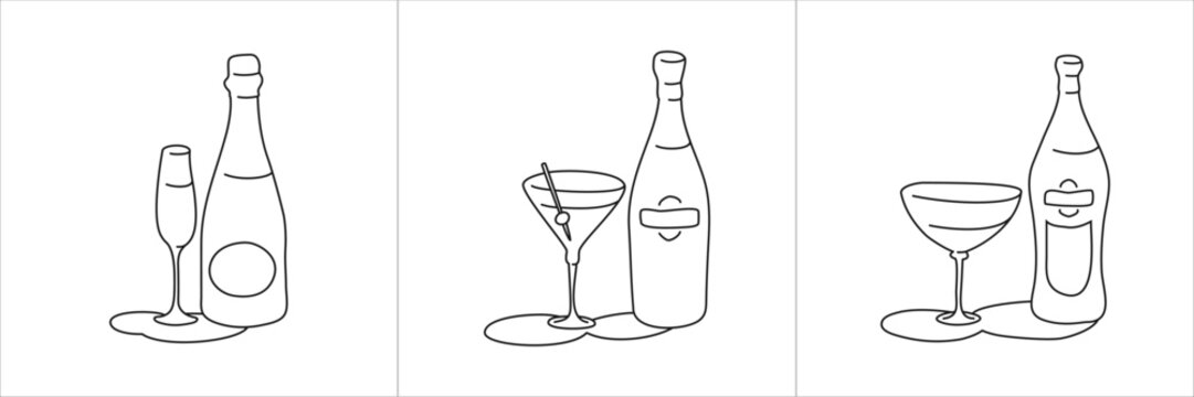 Champagne martini vermouth bottle and glass outline icon on white background. Black white cartoon sketch graphic design. Doodle style. Hand drawn image. Party drinks concept. Freehand drawing style