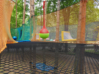 Set of rope net crawl constructions on modern kids playground