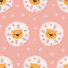 Modern floral lion seamless pattern. Trendy background with cute animal and blooming flowers. Creative blooming texture. Great for fabric, and textile. Childish vector illustration. 