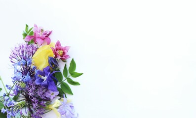 Spring flower arrangement with blue flowers.  Bright light tones.  Background for a greeting card.
