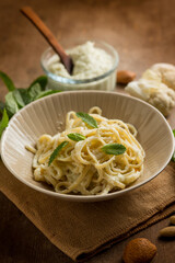 spaghetti with cauliflower pesto with almond and mint