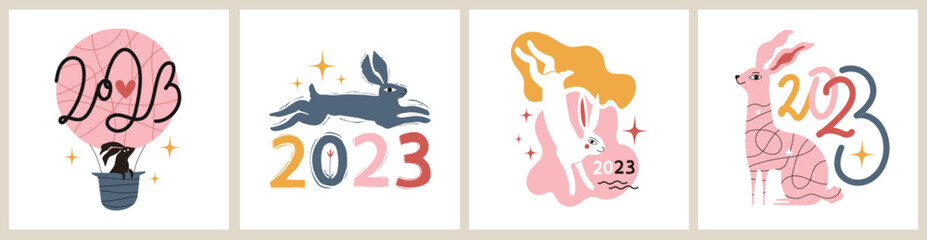Vector new year 2023 illustration set with colored rabbits, numbers and stars. Trendy print design collection, animal lettering typography poster bundle.