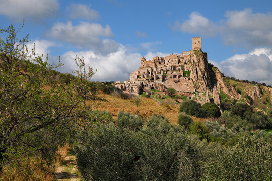Craco, Matera, Basilicata, Italy: view of the ghost town that was abandoned  due to natural disasters and now is a tourist attraction and a filming location