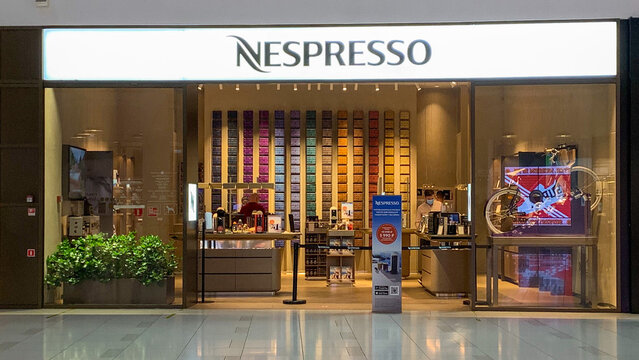 MOSCOW, RUSSIA - AUGUST&nbsp;05, 2020: Nespresso Store inside Aviapark Shopping Mall in Moscow, Russia. Nespresso Machines Brew Espresso and Coffee from Coffee Capsules or Pods in Machines for Home or Pro