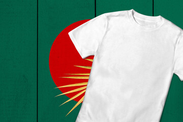 Patriotic t-shirt mock up on background in colors of national flag. Bangladesh