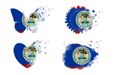 Sublimation backgrounds different forms on white background. Artistic shapes set in colors of national flag. Belize