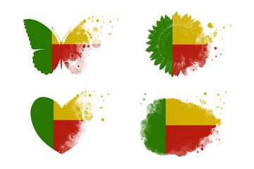 Sublimation backgrounds different forms on white background. Artistic shapes set in colors of national flag. Benin