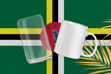 Patriotic can glass and mug mock up on background in colors of national flag. Dominica