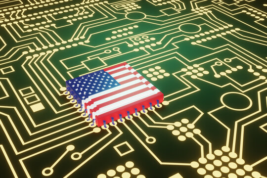 An advanced CPU printed with a flag of USA on a neon glowing electronic circuit board. Illustration of the concept of United States made high-end micro chips.