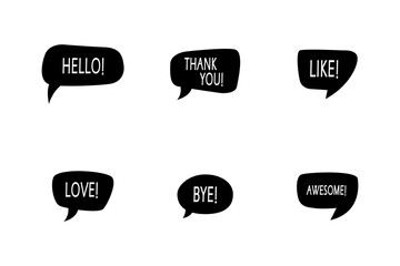 Conjunto de globos de diálogo. burbujas de texto. Hello, thank you, like, love, bye, awesome. Concepto de idea, pensamiento o comentario
