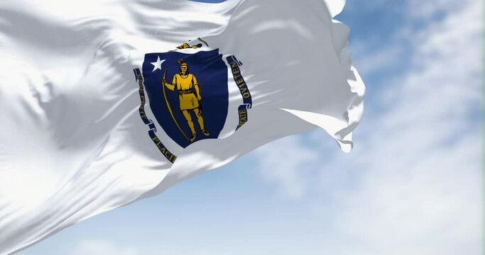 The US state flag of Massachusetts waving in the wind