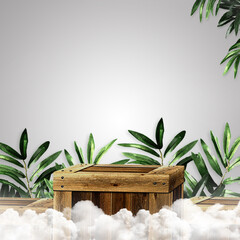 blank wooden board with leaf ornament background for food products