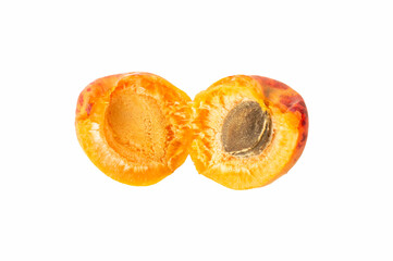 isolated half apricots with a stone on a white background.  Product packaging design element and print for clothes, dishes, textiles.