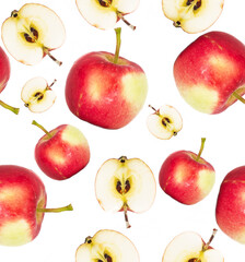 seamless pattern red apple and a half on a white background.  Print for printing on children's clothing, household goods, dishes, product packaging, tablecloths, napkins.