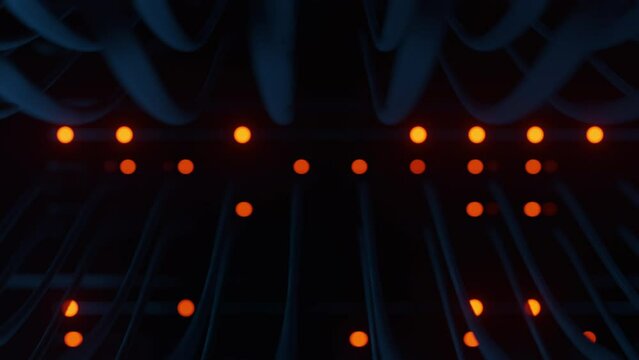 Close-up view of modern internet network switch with plugged ethernet cables. Blinking lights on internet server. Concept of big data center mining. Cloud computing and telecommunications
