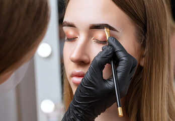 The make-up artist does Long-lasting styling of the eyebrows of the eyebrows and will color the...