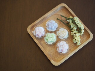 jelly desserts with a set of tea on the table
