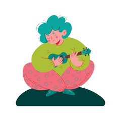 Cute teenage girl sitting with lags crossed with a small guitar. Happy young woman playing Ukulele. Flat vector illustration isolated on white background.