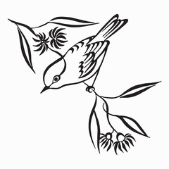 Exotic bird sitting on a flower. Black and white linear drawing isolated on white background. Hand drawn vector illustration. Calligraphic drawing. Design for tattoo, greeting cards, invitations.