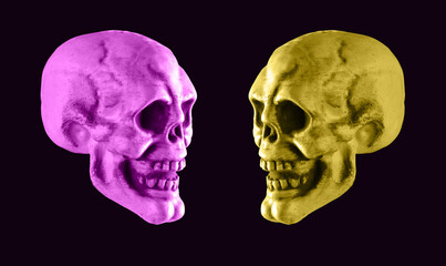 Violet and yellow skulls on black background. Halloween holiday or human duality concept. Good and...