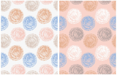 Abstract Hand Drawn Vector Patterns.Beige, White and Blue Brush Dots made of Spots on a Blush Pink and Off-White Background. Modern Irregular Geometric Seamless Pattern. Cool Repeatable Dotted Print. 