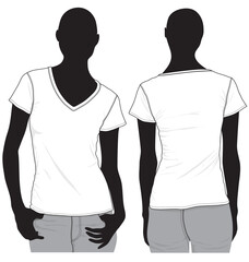 Women v-neck t-shirt tee fashion flat sketch model template technical illustration