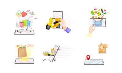 Mobile online shopping set. People buying groceries and clothes. Delivery service concept vector illustration
