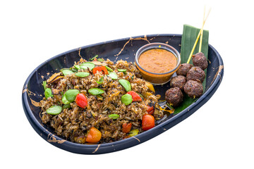 Sambal Petai Nasi Goreng served in a dish isolated on plain white background side view of Multigrain Fried Rice