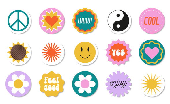 Set of round retro style stickers. Peace sign, heart, smile, sun, daisy, yin-yang, sunflower, YES, Enjoy, WOW. Decorative elements in the style of the 70s and 80s.