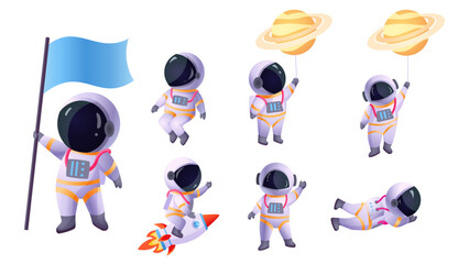 Set of Cartoon astronauts in various poses. Vector illustration. - obrazy, fototapety, plakaty