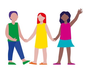 children friends holding hands happy together, isolated