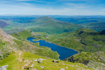 A scenic view from Mount Snowdon summit on a bright sunny day, Wales