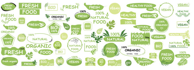 Vector flat illustration. Set 30 eco green design icons. Ideal as an emblem for cafes, badges, tags, packaging.  Eco stickers for labeling package, food, cosmetics. 