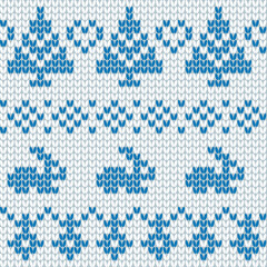 Scandinavian ornamental christmas knitted pattern, blue snowflakes, rabbits, christmas trees