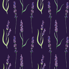 Seamless watercolor pattern with lavender flower on dark background for various romantic, spa, festive products, etc.