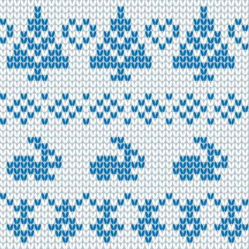 Scandinavian ornamental christmas knitted pattern, blue snowflakes, rabbits, christmas trees